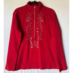 Tommy Bahama Sweater‎ Women L Red Cotton Embellished 1/2 Zip Mock Neck Pullover